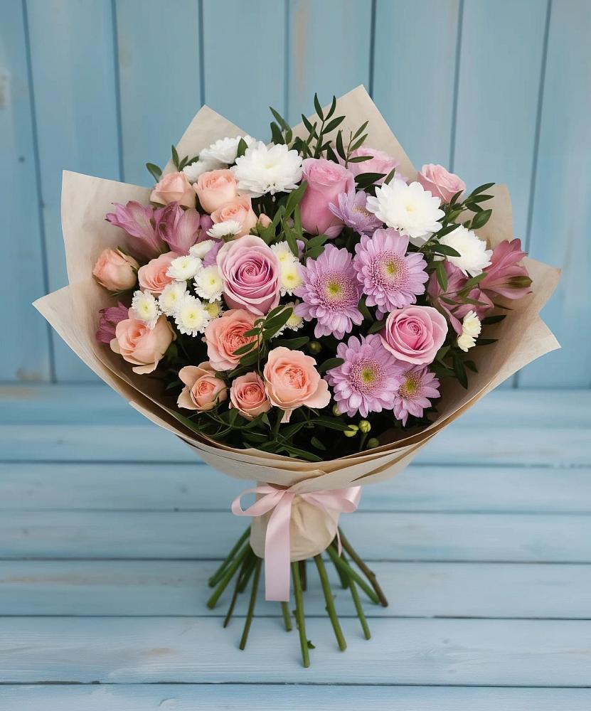 Букет цветов из: Хризантемы, Розы и Альстромерии в Ёгле